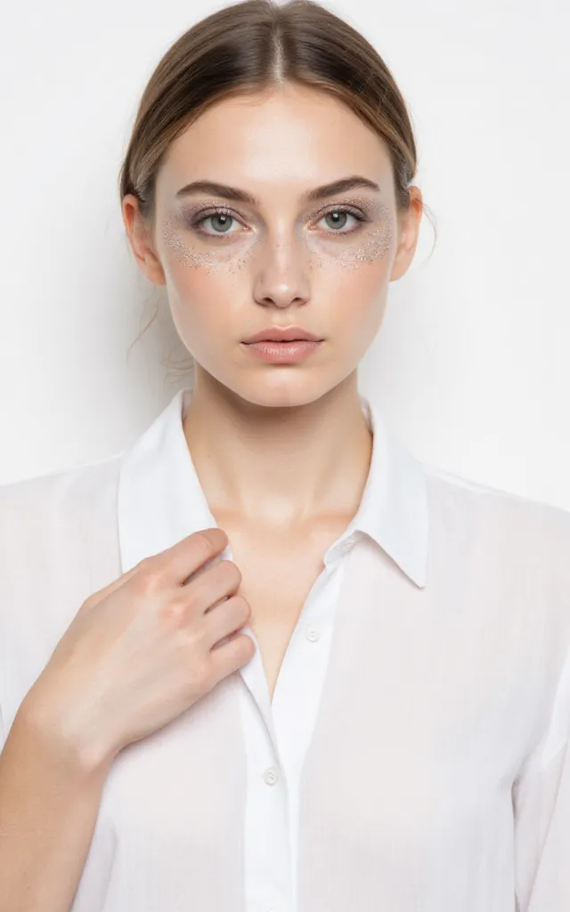 A French female model with a Glittery makeup style, wearing a shirt, against a white background, in a front   facing bust portrait